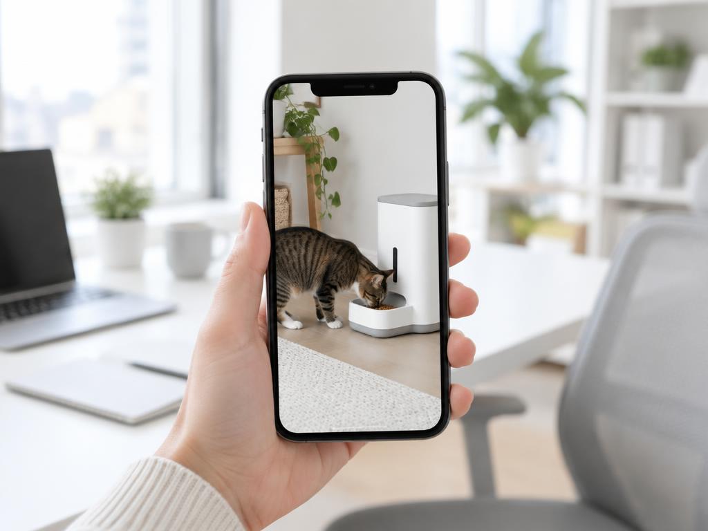 Mirando a un gato comer desde el móvil